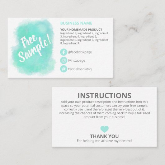 アクアブルー無料サンプル原料の指示 名刺 (正面/裏面)