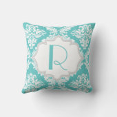 アクアブルー白いダマスクパターン投げ クッション (裏面)