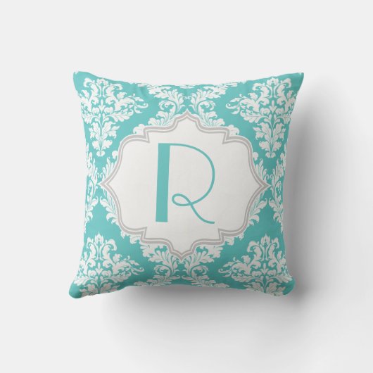 アクアブルー白いダマスクパターン投げ クッション (裏面)