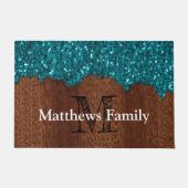 アクアブルー素朴な木材ファミリーモノグラム ドアマット (正面)