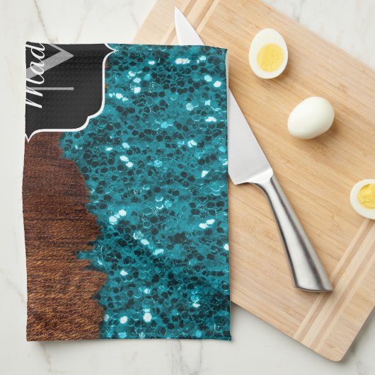 アクアブルー素朴な茶色の木モノグラム キッチンタオル (四つ折り)