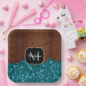 アクアブルー素朴な茶色の木モノグラム ペーパープレート (パーティー)