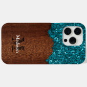 アクアブルー素朴な茶色の木モノグラム Case-Mate iPhoneケース (裏面 (横))