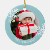 アクアブルー素朴サークルフォトオーナメント雪 セラミックオーナメント (正面)