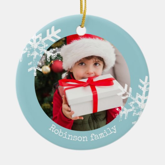 アクアブルー素朴サークルフォトオーナメント雪 セラミックオーナメント (正面)