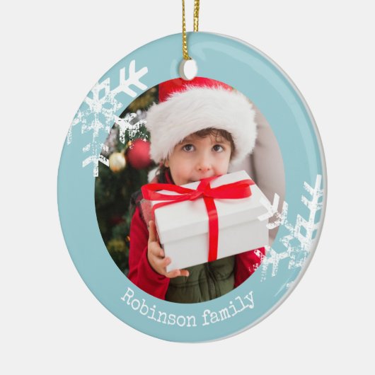 アクアブルー素朴サークルフォトオーナメント雪 セラミックオーナメント (左)