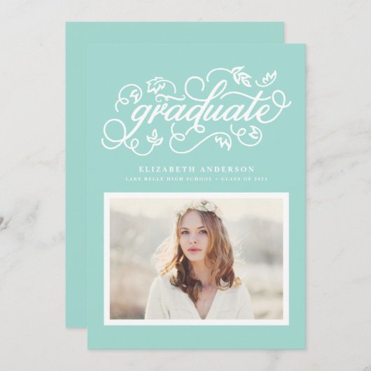 アクアブルー素朴書道写真卒業 招待状 (正面/裏面)