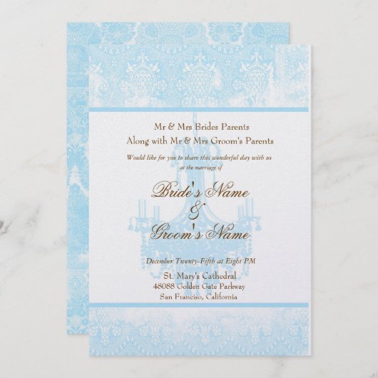アクアブルー結婚アンティークダマスクシャンデリア 招待状 (正面/裏面)