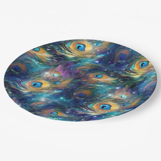 アクアブルー色彩の鮮やかピーコック羽根 ペーパープレート (アングル)