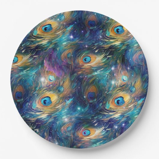 アクアブルー色彩の鮮やかピーコック羽根 ペーパープレート (正面)