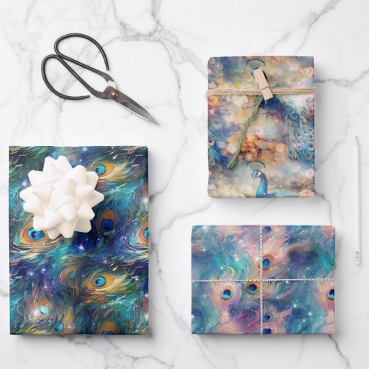 アクアブルー色彩の鮮やかピーコック羽根 ラッピングペーパーシート (正面)