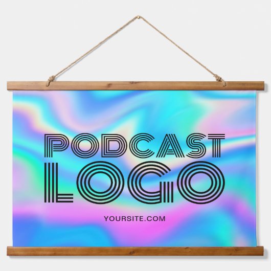 アクアブルー虹色レインボーモダンポッドキャストロゴ 吊り下げ型タペストリー (正面)