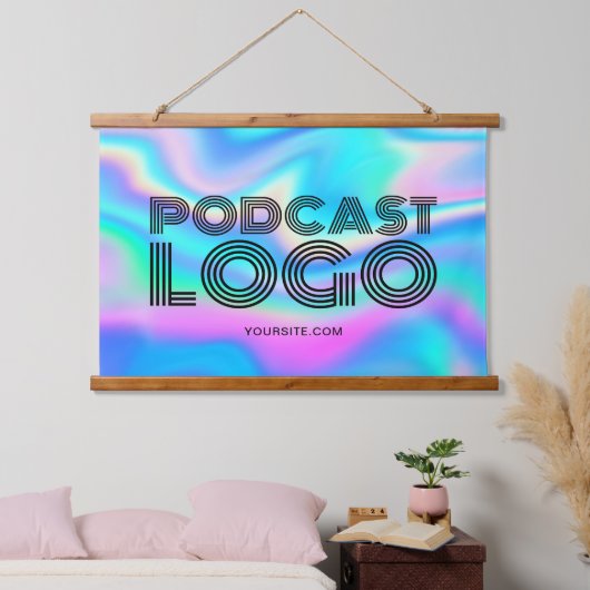 アクアブルー虹色レインボーモダンポッドキャストロゴ 吊り下げ型タペストリー (寝室)