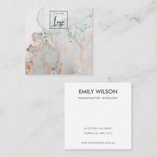 アクアブルー金ゴールドアゲイト大理石ロゴイヤリングディスプレイ スクエア名刺 (正面/裏面)