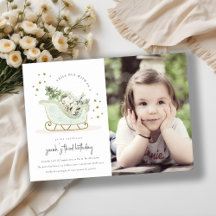 アクアブルー金ゴールドウィンターズライフォト誕生日招待状