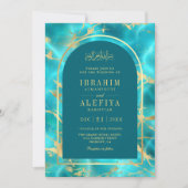 アクアブルー金ゴールドウォーターアーチムスリム結婚ズ 招待状 (正面)