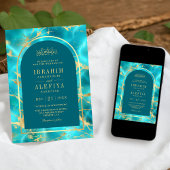 アクアブルー金ゴールドウォーターアーチムスリム結婚ズ 招待状