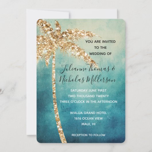 アクアブルー金ゴールドグリッタートロピカルパームツリーズ結婚ーズ 招待状 (正面)