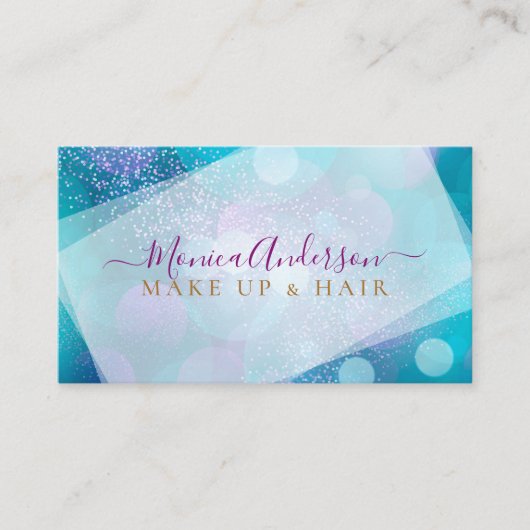 アクアブルー金ゴールドグリッターメイクアップアーティストヘアサロン 名刺 (正面)