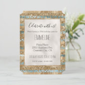 アクアブルー金ゴールドグリッターレオパープリントストライプズ 招待状 (スタンド正面)