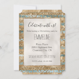 アクアブルー金ゴールドグリッターレオパープリントストライプズ 招待状