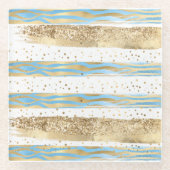 アクアブルー金ゴールドグリッター紙吹雪ゼブラ動物 ガラスコースター (正面)