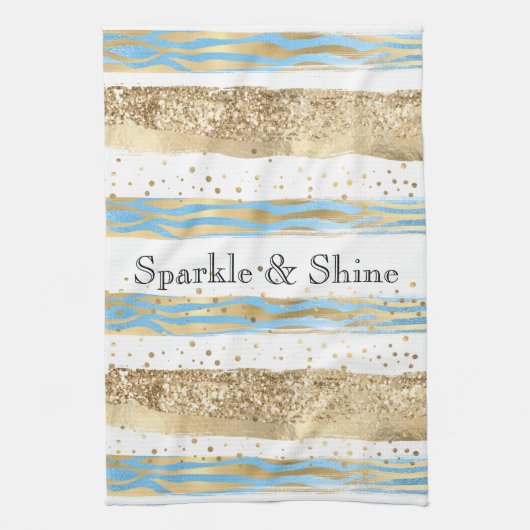 アクアブルー金ゴールドグリッター紙吹雪ゼブラ動物 キッチンタオル (縦)