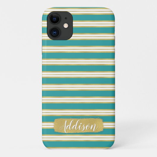 アクアブルー金ゴールドストライプパターン名前をカスタムする Case-Mate iPhoneケース (裏面)