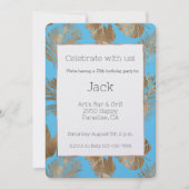 アクアブルー金ゴールドトロピカル離れ誕生日 招待状 (正面)