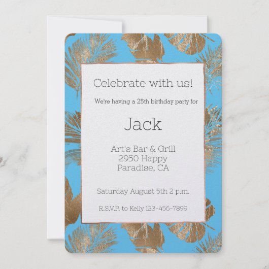 アクアブルー金ゴールドトロピカル離れ誕生日 招待状 (正面)