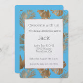 アクアブルー金ゴールドトロピカル離れ誕生日 招待状 (正面/裏面)