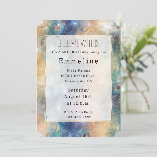 アクアブルー金ゴールドピーコックフェザー50誕生日 招待状 (スタンド正面)