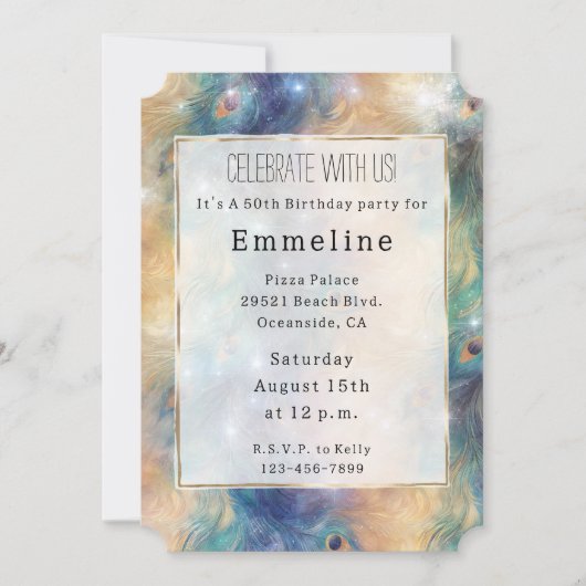 アクアブルー金ゴールドピーコックフェザー50誕生日 招待状 (正面)