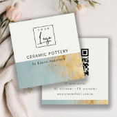 アクアブルー金ゴールド絵を描油テクスチャロゴQRコード スクエア名刺