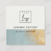 アクアブルー金ゴールド絵を描油テクスチャロゴQRコード スクエア名刺 (正面)