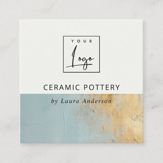 アクアブルー金ゴールド絵を描油テクスチャロゴQRコード スクエア名刺 (正面)