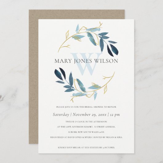 アクアブルー金ゴールド観葉リースブライダルシャワーカード サンキューカード (正面/裏面)