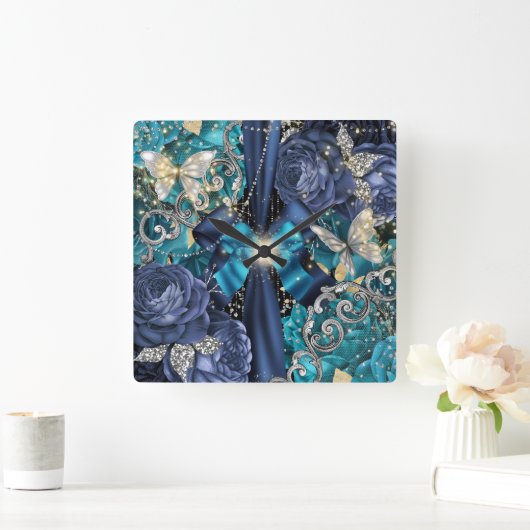 アクアブルー銀色の蝶のファンタジーみすぼらしいシック スクエア壁時計 (ホーム)