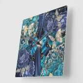 アクアブルー銀色の蝶のファンタジーみすぼらしいシック スクエア壁時計 (傾斜)