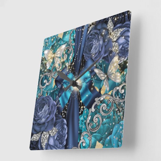 アクアブルー銀色の蝶のファンタジーみすぼらしいシック スクエア壁時計 (傾斜)