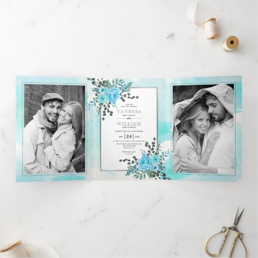 アクアブルー離れ花フローラ結婚夏 三つ折り招待状 (内部)