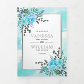アクアブルー離れ花フローラ結婚夏 三つ折り招待状 (カバー)