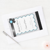 アクアブルー&グレーダマスクウェディングワインラベルボトル 長方形シール (封筒)