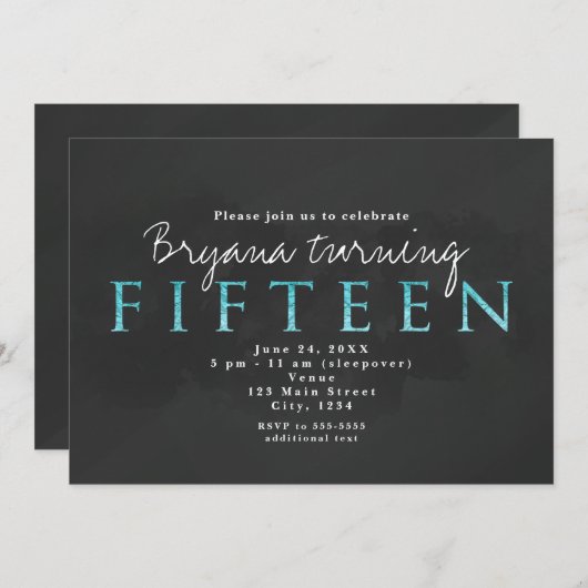 アクアブルー&グレー15th 15誕生日パーティーへの招待 招待状 (正面/裏面)