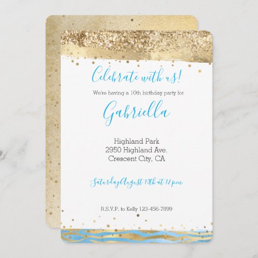 アクアブルー ゴールド グリッター コンフェッティ アニマル プリント 招待状 (正面/裏面)