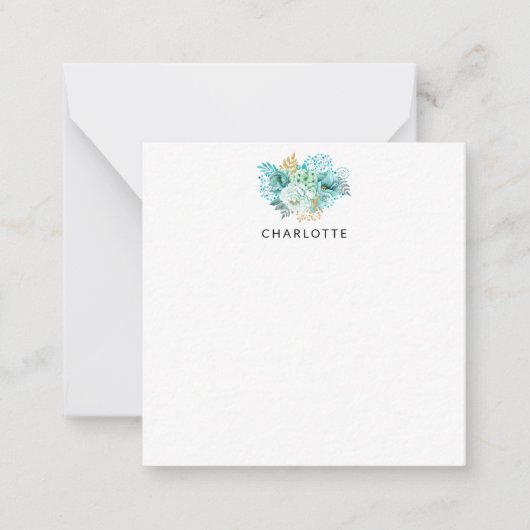 アクアブルー ゴールド フラワー パーソナライズ ノートカード (正面)