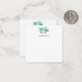 アクアブルー ゴールド フラワー パーソナライズ ノートカード (正面/裏面インサイチュ)