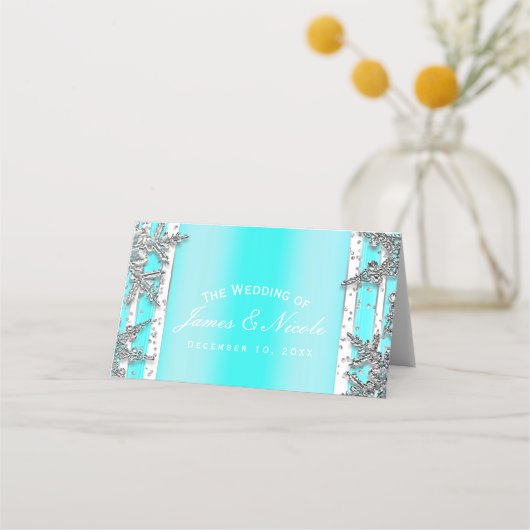 アクアブルー&シルバーウィンタースノーフレークパーティーシート プレイスカード (正面)