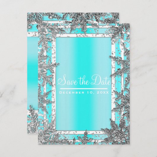 アクアブルー&シルバー冬の雪の結晶は日付を保存 案内ポストカード (正面/裏面)