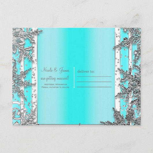 アクアブルー&シルバー冬の雪の結晶は日付を保存 案内ポストカード (裏面)
